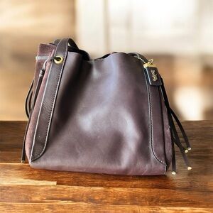 Coach Dark Maroon Leather Tote with Gold Accents